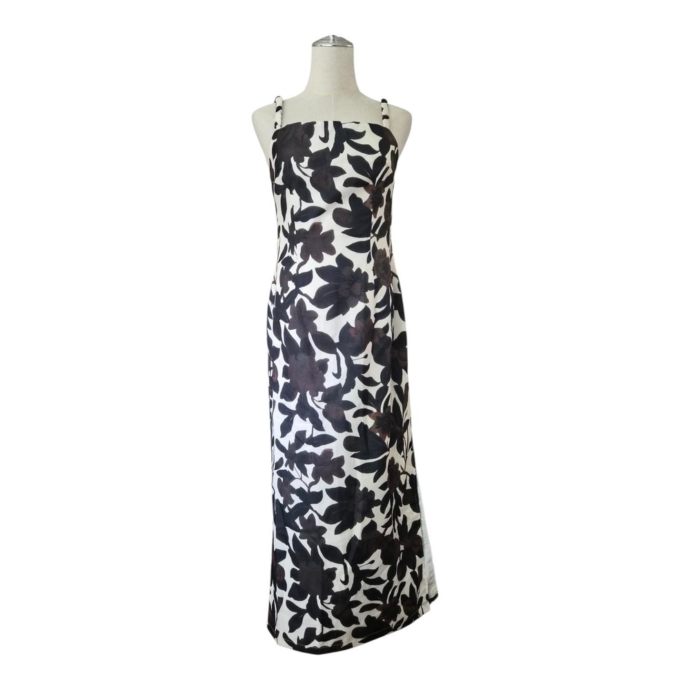 Commense Black White Floral‎ Backless Maxi Dress Side Slit Open Back NWT M